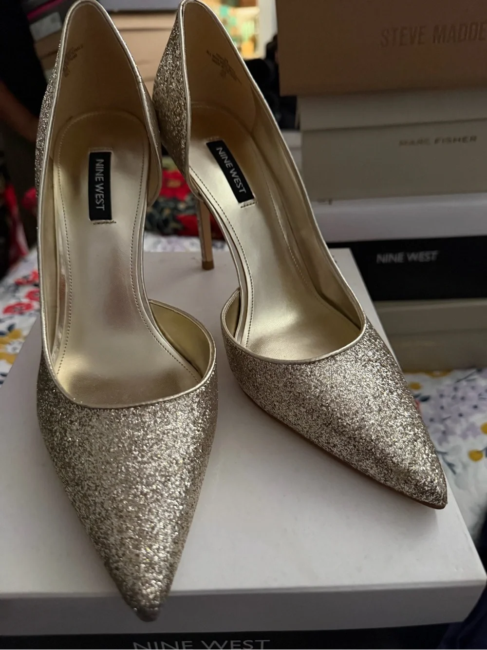 Nine West Glitter Pointed-Toe Stiletto Pumps in Gold